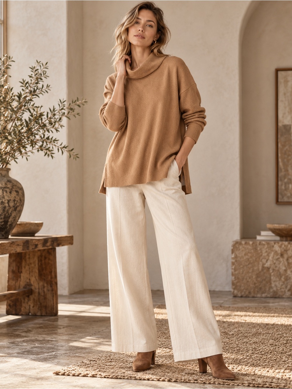 Anthropologie Cowl Neck Tunic Fuzzy Sweater XS Camel High Low Side Slit